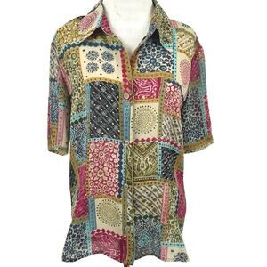Emma James Women Short Sleeve Button Up Patchwork Blouse Top Boho Hippie Size 12